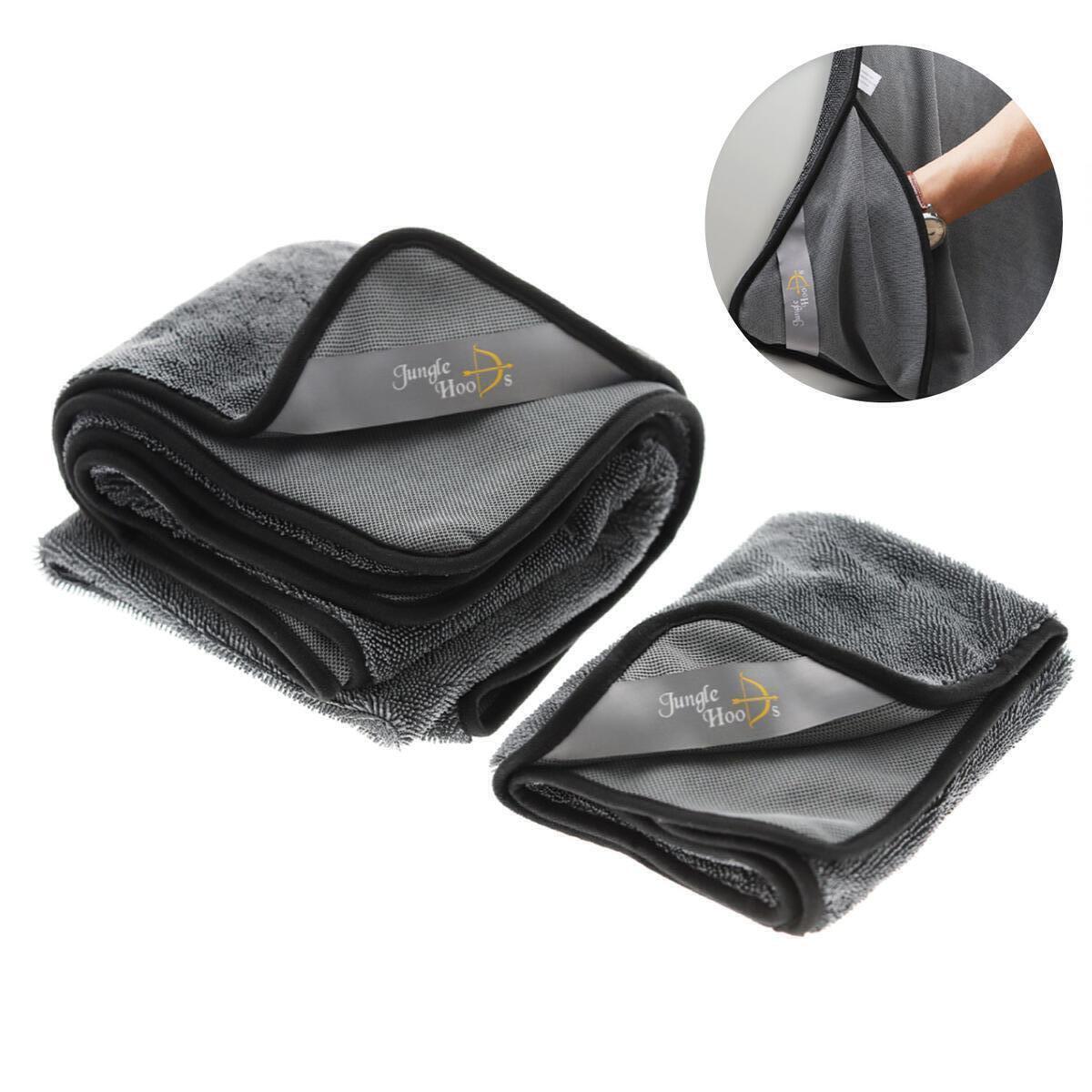 JUNGLE HOODS Premium Big-Size 600GSM Microfiber Super Absorbent Hand Pocket Drying Towel Convenient Handling Car Wash Rag (Gray, 2 in 1 Pack) (31.5 x 31.5 inch) (15.7 x 15.7 inch)