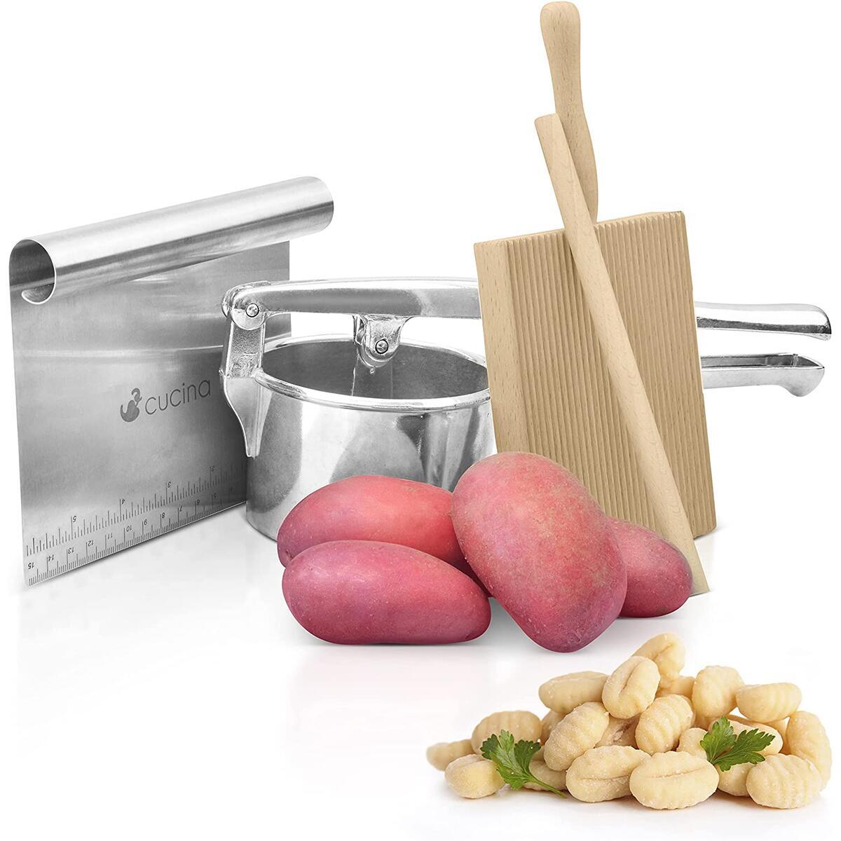 Epiccotispai Gnocchi Garganelli Board Beechwood Paddle set Bundle with Italian Made Stainless Steel Ricer/ Masher + Dough Bench Scraper Cutter