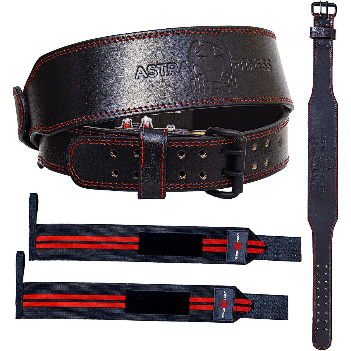 Astra Fitness Genuine Leather Adjustable Weight Lifting Belt - With Wrist Wraps Pair - 7MM Heavy Duty Pro Belt, 4 inch Padded Lumbar Back Support, Powerlifting Belt, Deadlift, Squat Belt