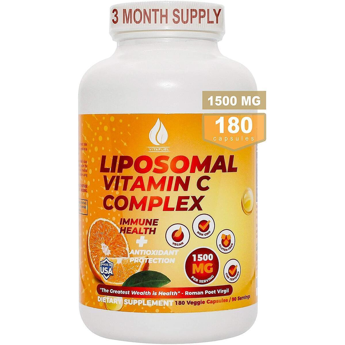 Liposomal Vitamin C 1500mg - Best Pure VIT C Fat Soluble Lypospheric High Absorption Vitamins C Complex, Antioxidant Immune Health, Anti-Aging Collagen Booster, 180 Capsules 90 Servings