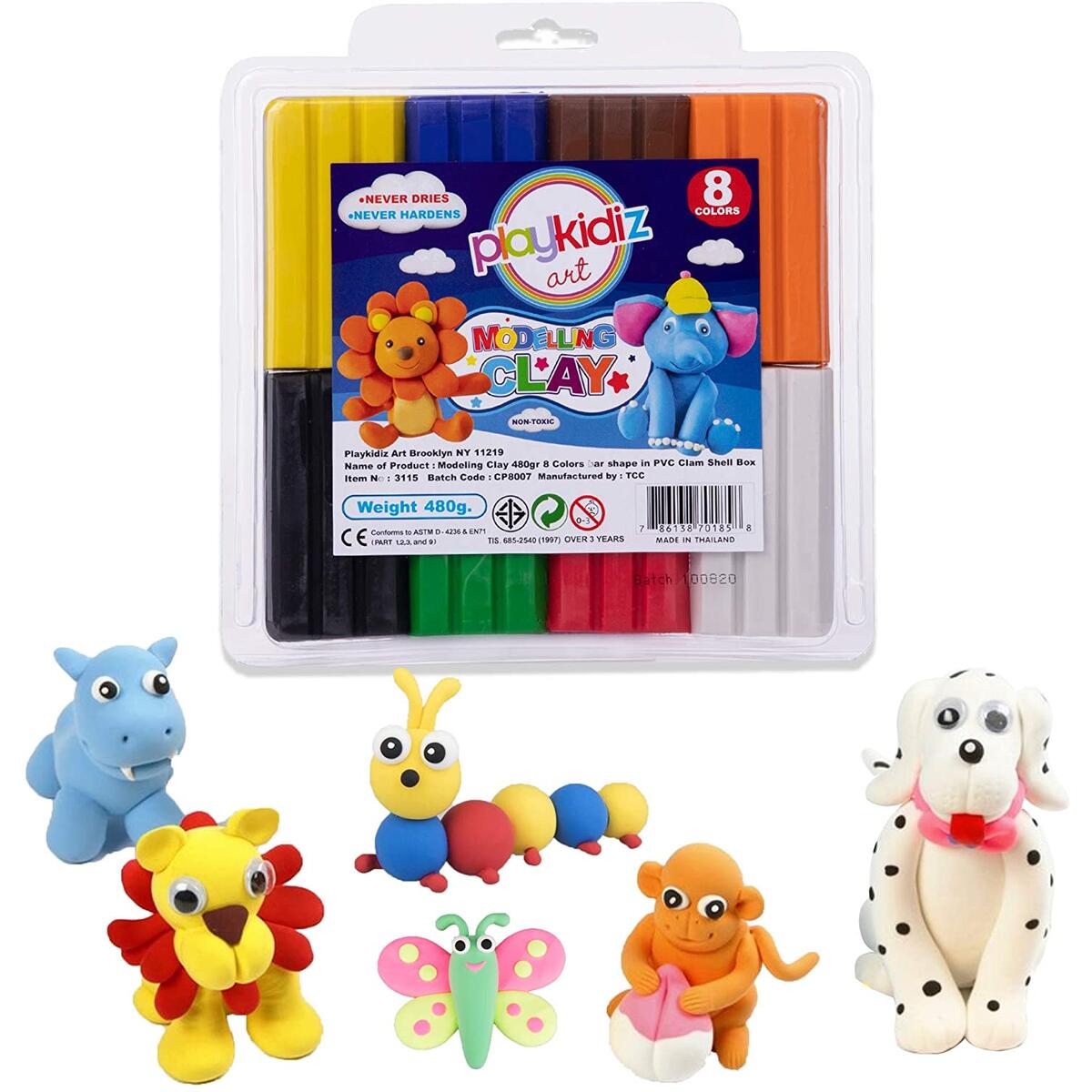 Playkidiz Art Modeling Clay 8 Colors in PVC Clam Shell Box, Beginners Pack 480 Grams, STEM Educational DIY Molding Set, at Home Crafts for Kids
