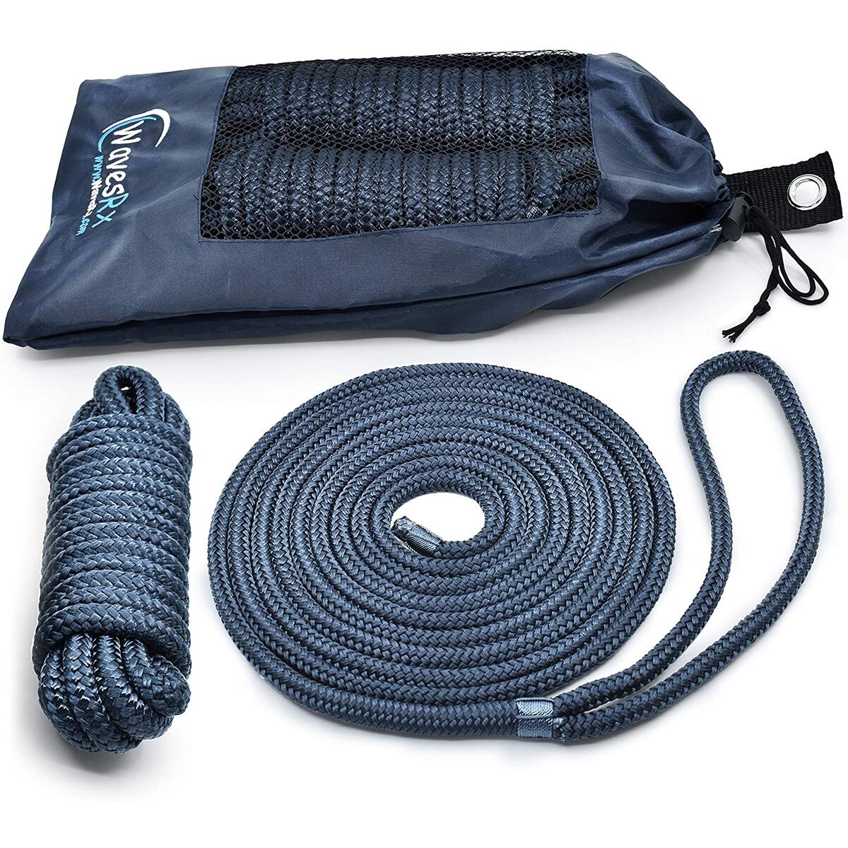 WAVESRX Premium Boat Dock Line ⅜” x 15’ (2 Pack) | Double Braided Nylon Marine Mooring Rope | Low Stretch and High Shock Absorption, 12” Spliced Eyelet + Storage Bag | Resist Oil, Sun and Saltwater