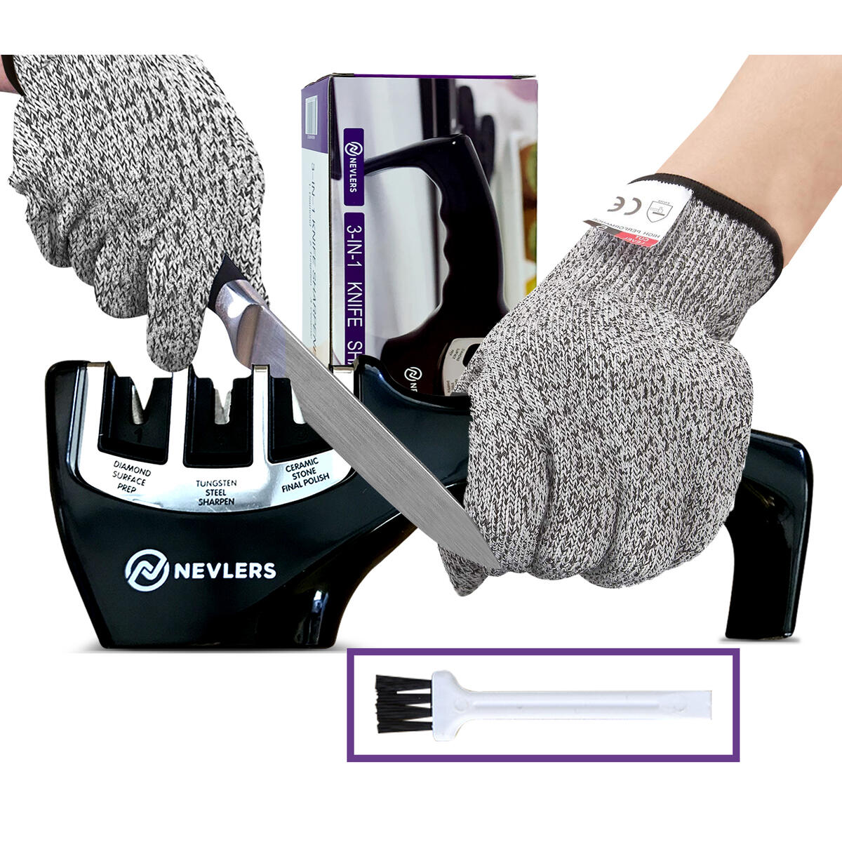 Nevlers 3 in 1 Knife Sharpener - Preps, Repairs, Sharpens, and Polishes Most Knives with the Diamond, Ceramic, and Tungsten Steel Blades - 2 Cut Resistant Gloves Included