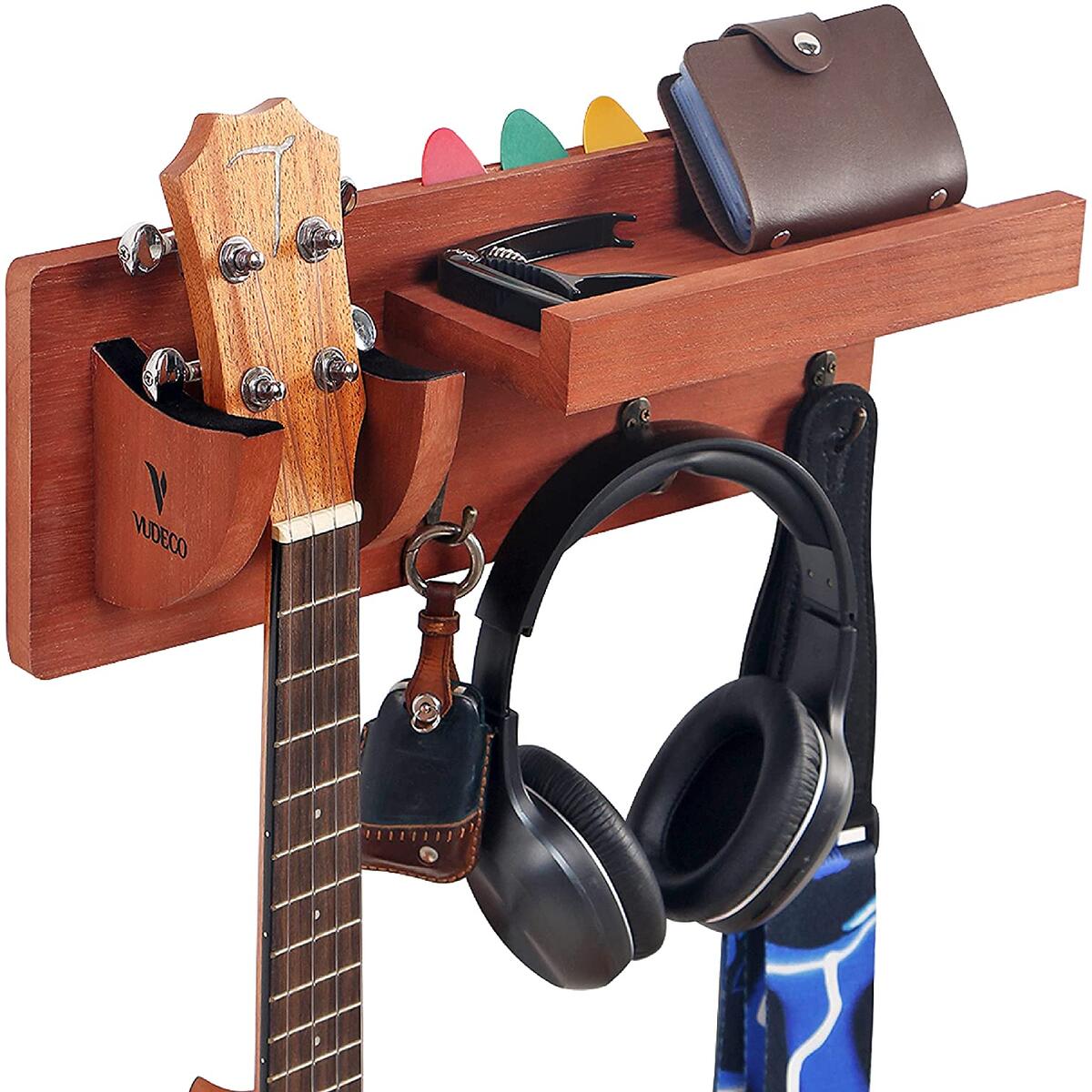 VUDECO Guitar Key Holder for Wall Organizer with Hooks for Keys Holder Guitar Wall Mount Guitar Holder Wall Mount Key Holder for Wall Decorative Keys Holder Decorative 1 Guitar Rack 3 Hooks 1 Shelf