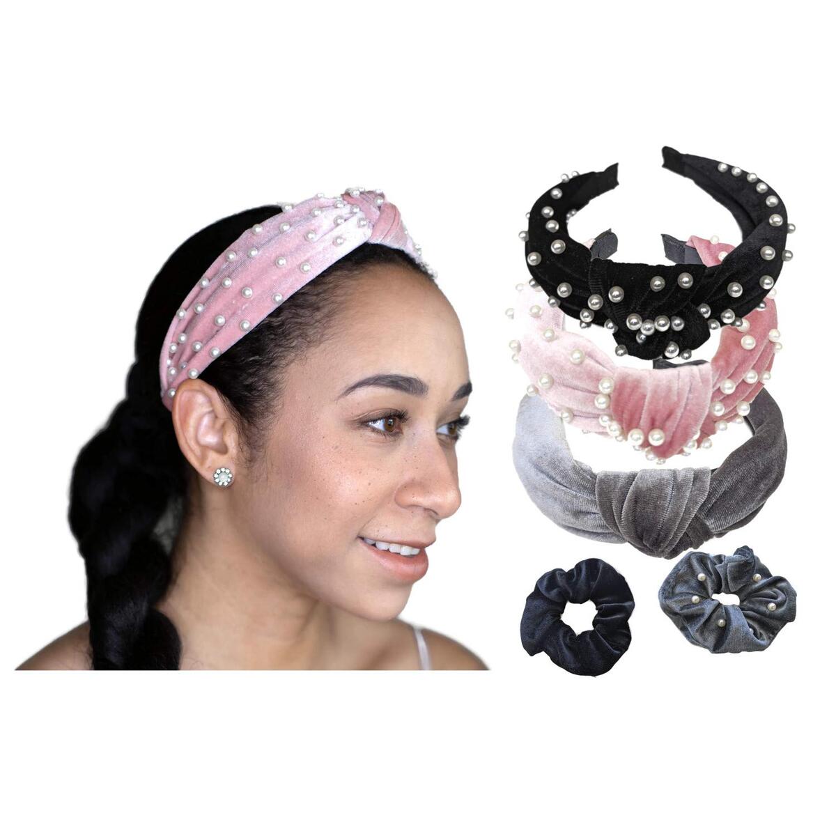 Qumii Velvet Fashion Headbands with 2 Bonus Scrunchies - Knotted Headbands for Women and Girls