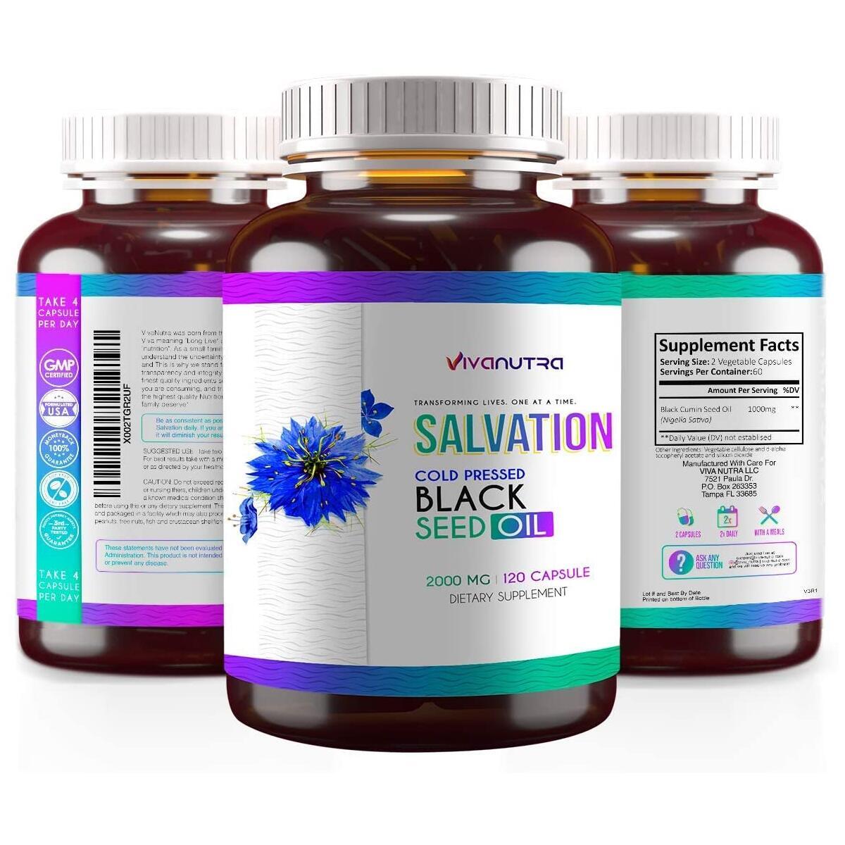 Salvation Black Seed Oil Capsules 120 Count 2000mg - 4X% Thymoquinone Cold-Pressed Turkish Black Cumin Seed Oil - Premium Black Seed Oil Liquid Pills, Non-GMO, Organic BSO, Liquid Pure Nigella Sativa