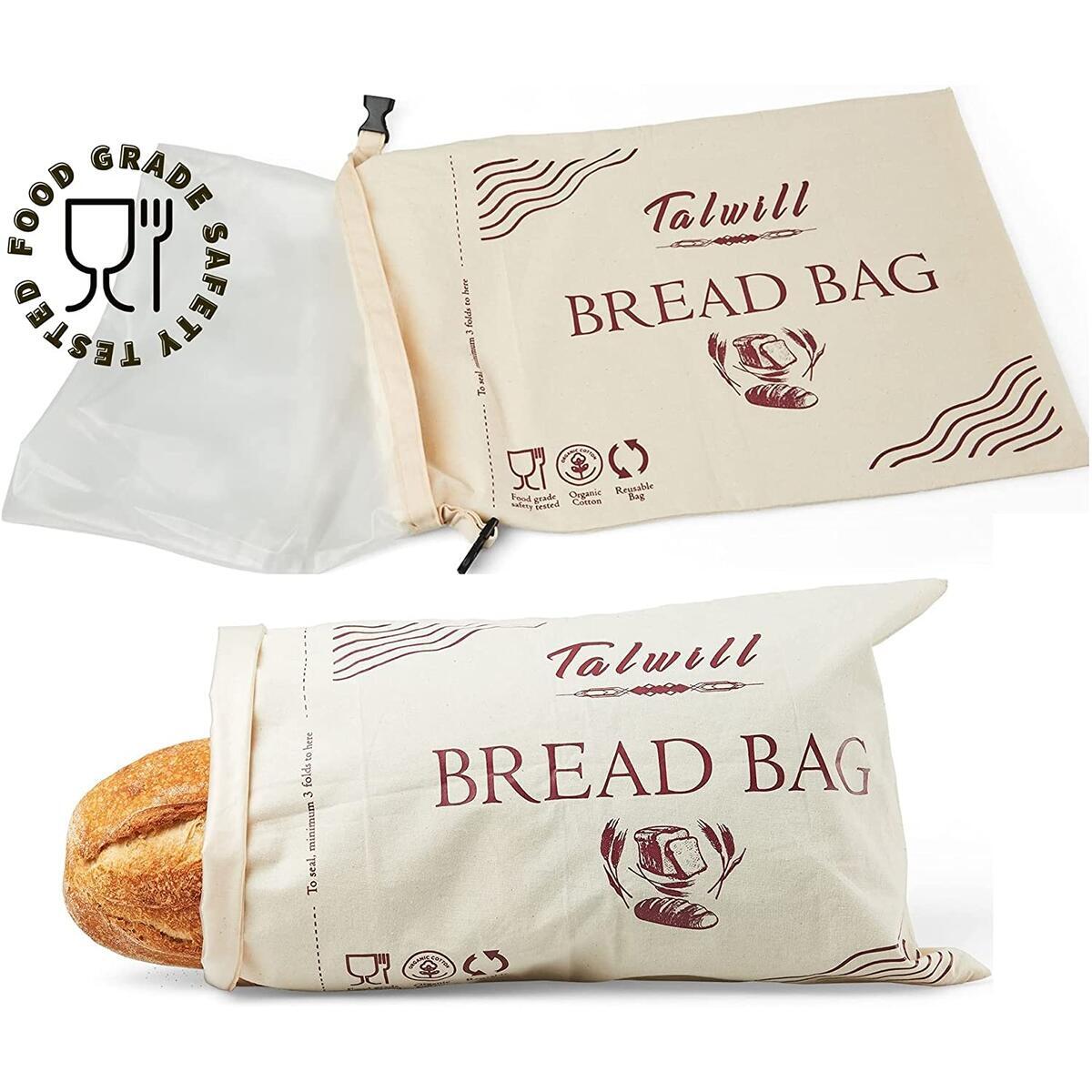 Bread Bag 2pcs set extra large reusable cotton bread bag washable double lined bread storage for Homemade Bread Food safety tested baker baking gift (Pack of 2)
