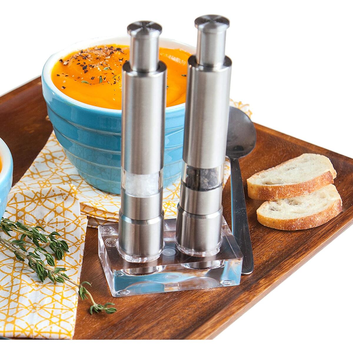 Eparé Steel Salt and Pepper Grinder Set- Premium Stainless Mills with Stand for Spice