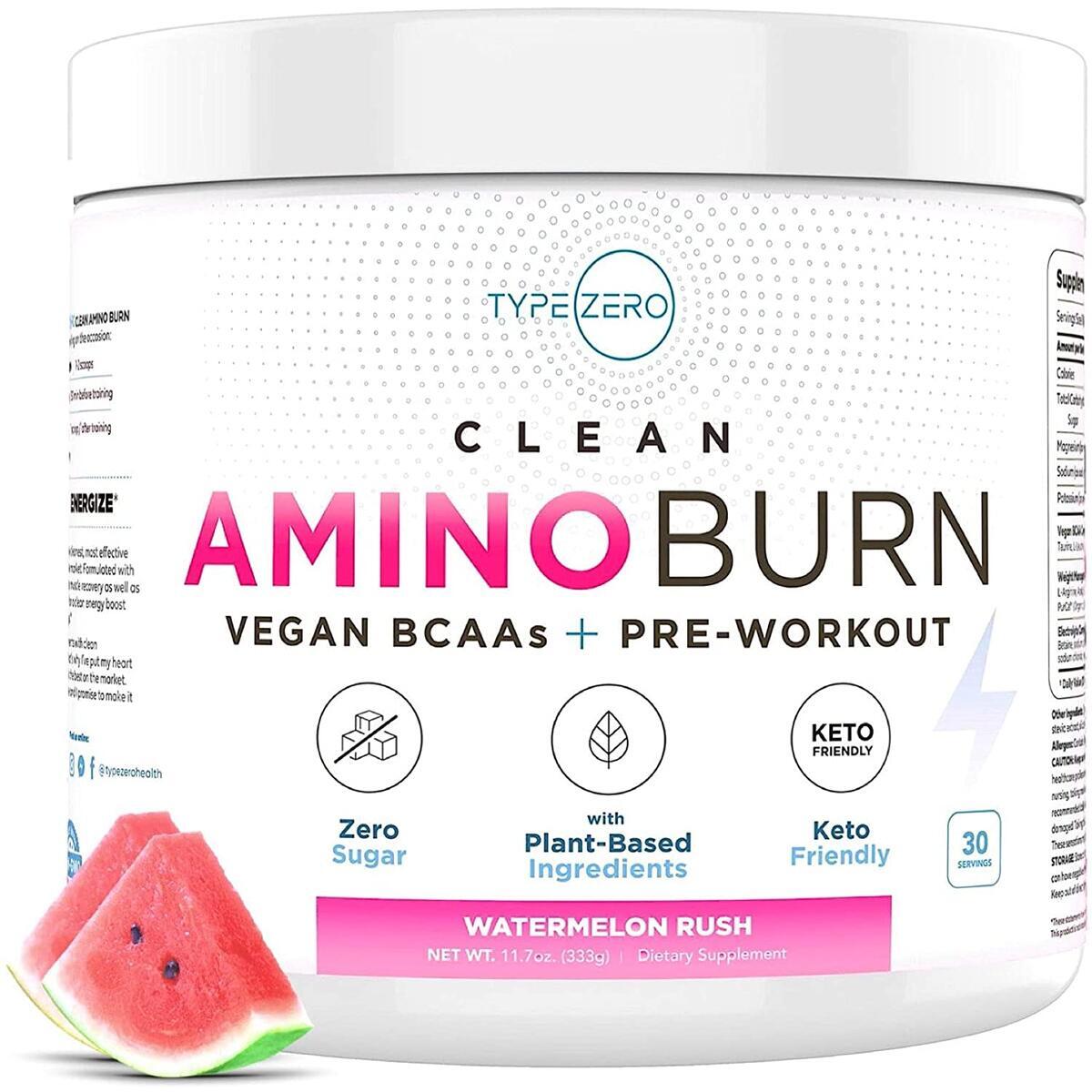 AMINO BURN - Natural Pre Workout + Vegan BCAA (Watermelon | 30serv) Sugar Free BCAAs Amino Acids Supplement + Keto Preworkout for Women Weight Loss, Amino Preworkout Energy, Post Workout Recovery Drink