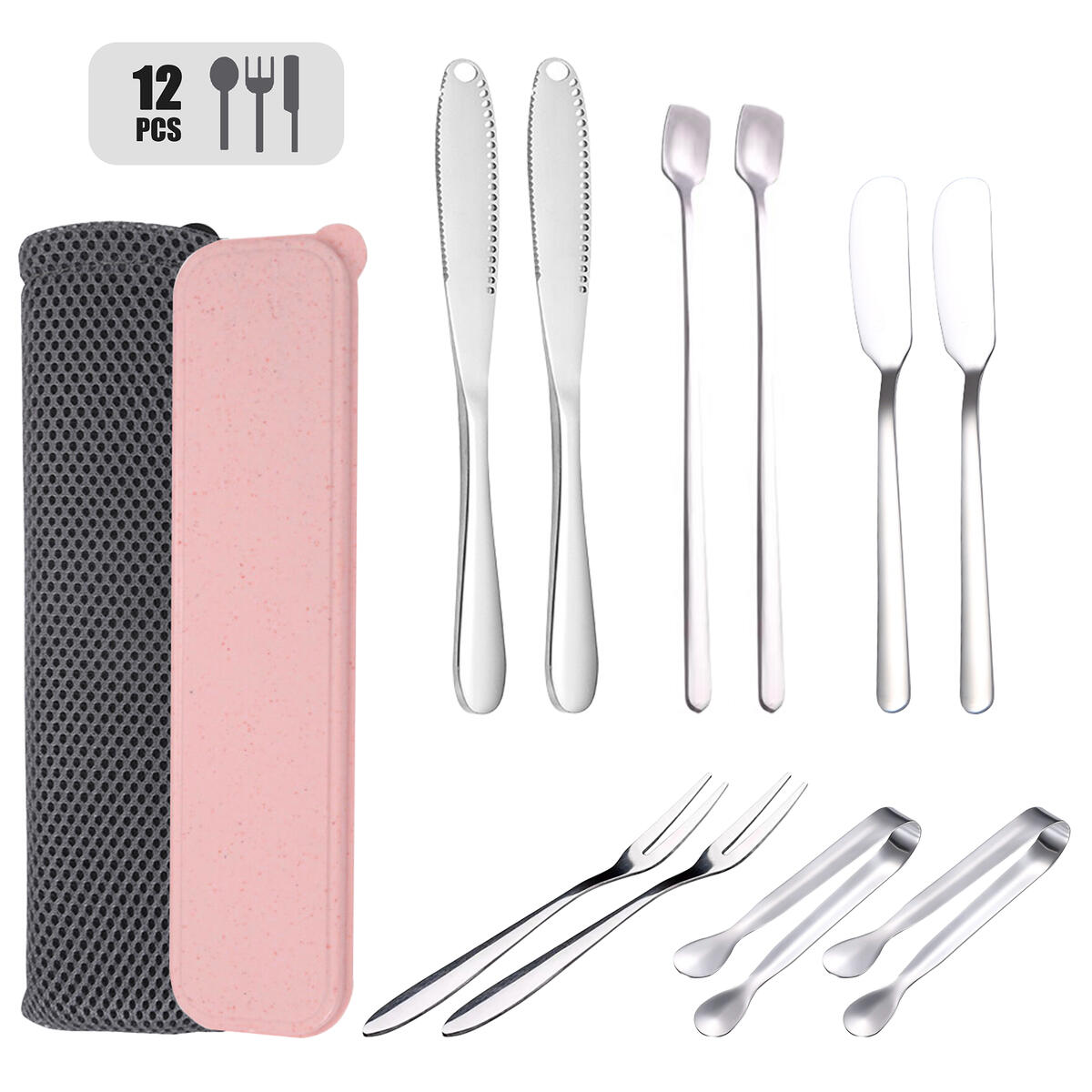 Stainless Steel Flatware Set,Tableware Cutlery Kit,Breakfast Dining Tools,Butter knife,Sandwich Cheese Jam Spreader,Fruit Dessert Cake Salad Cocktail Forks,Sugar Cube Ice Tongs,Coffee Tea Spoon(12pcs)
