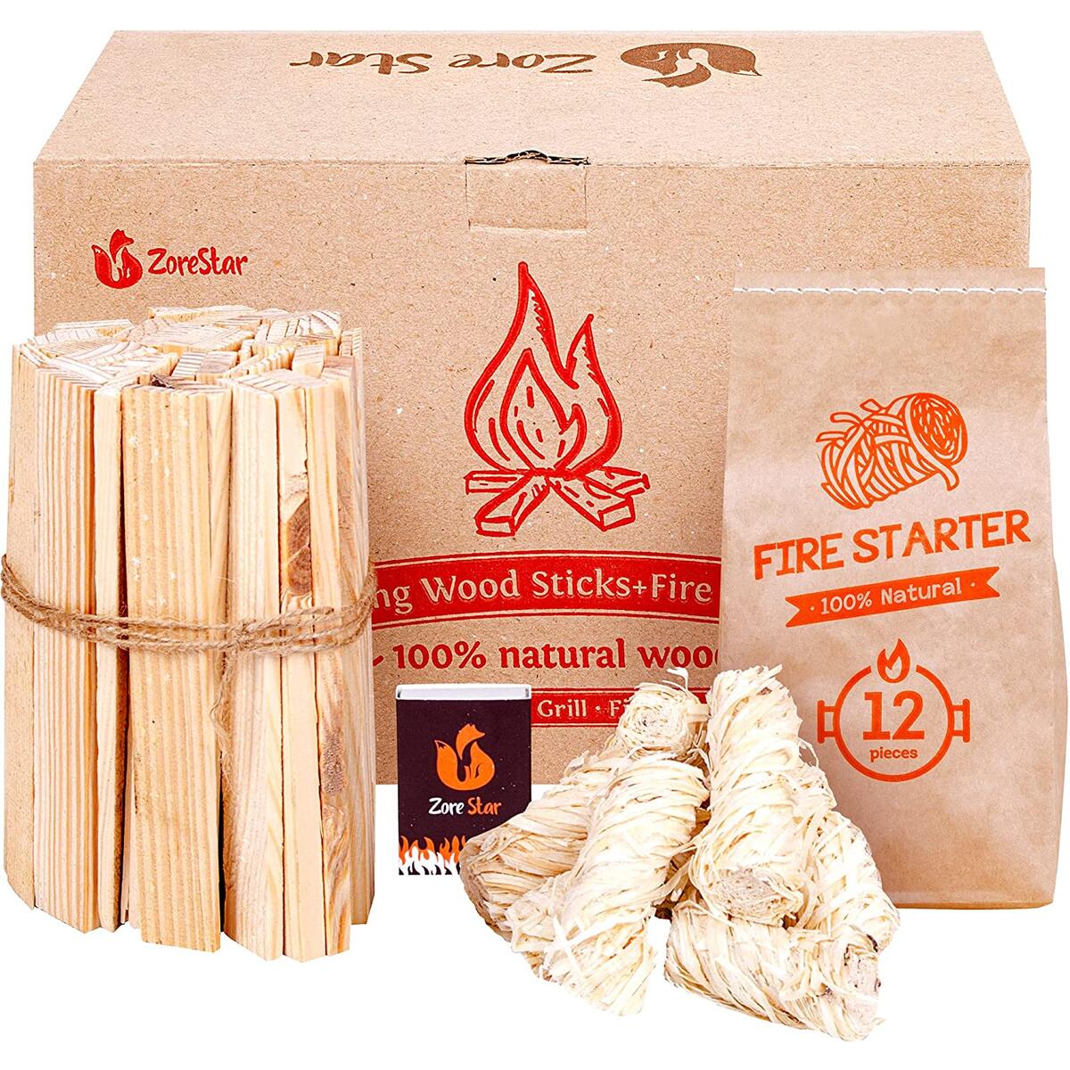 Fire Starters Box: Kindling Wood Sticks 300 pc + Fatwood Firestarters 12pc (Tumbleweeds) Better Than Cubes and Squares - New 2021 Fire Starter Set
