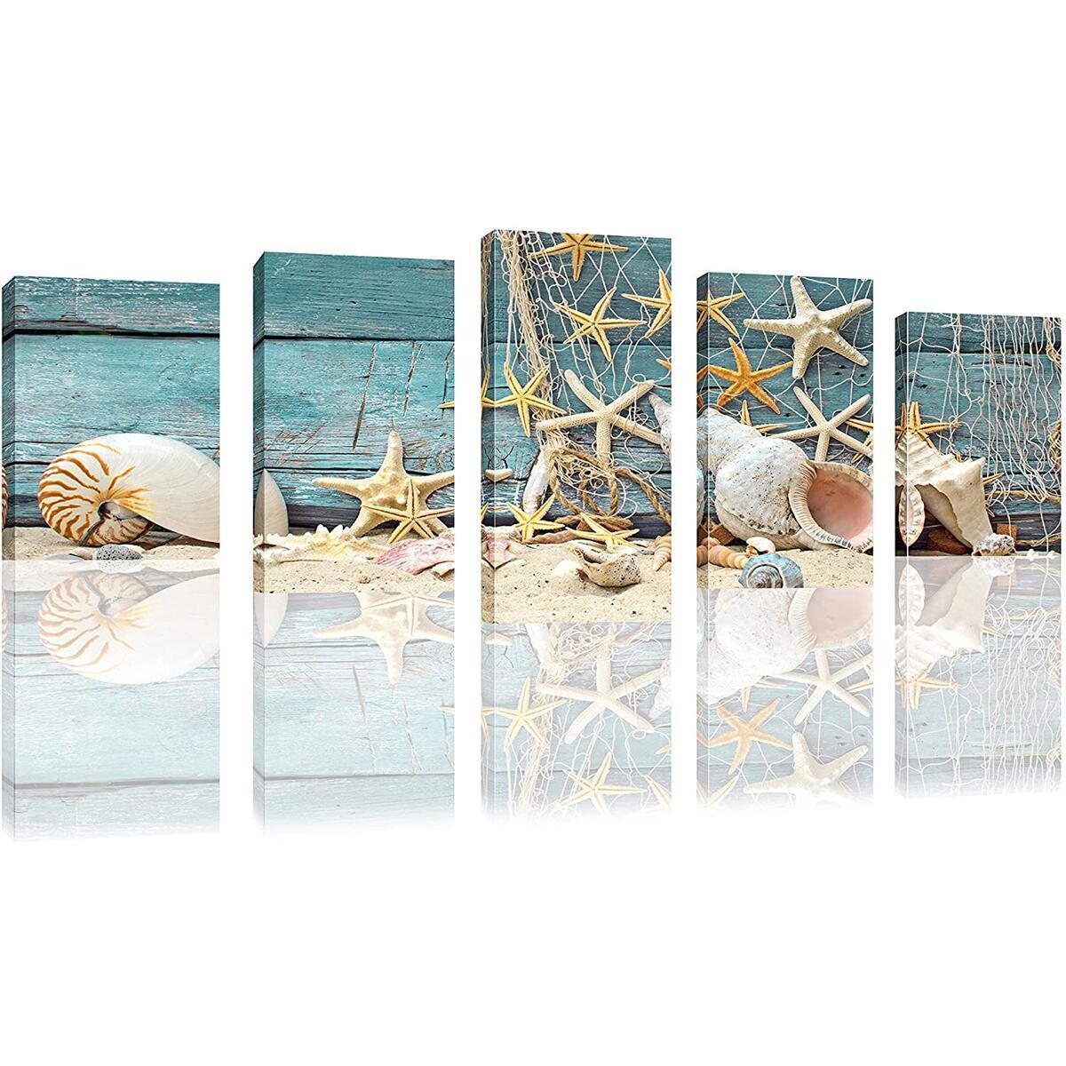 Wall Art Canvas Prints – Seashell Starfish on Beach Painting, 5 Panels Pictures for Home Decoration, Ready to Hang