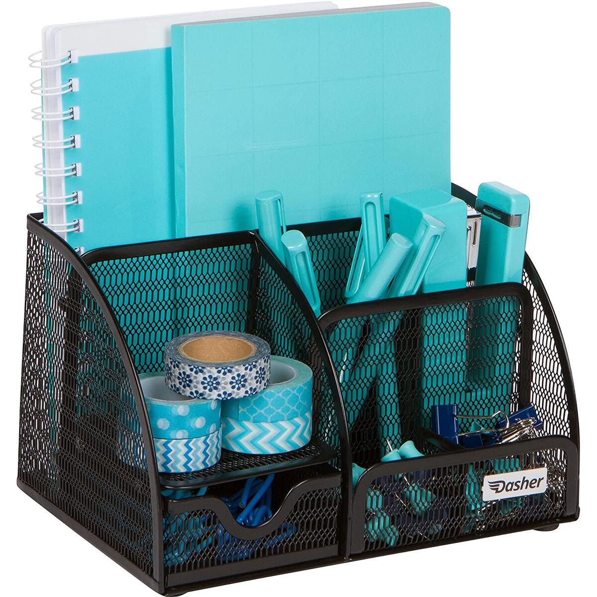 Office Desk Organizers and Accessories - 6 Compartment Black Mesh Office Organizer with Sliding Drawer, Desktop Organizer Caddy for Storing Pens, Pencils, Notepads, Staplers, Bills, Paper Clips