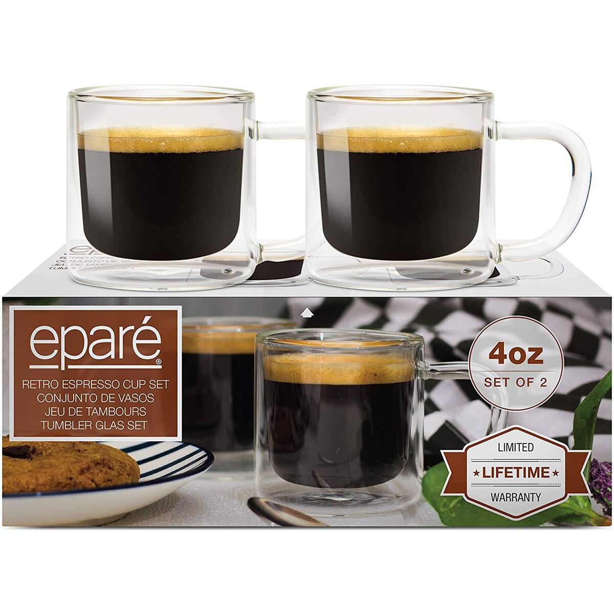4 oz Glass Espresso Cups - Set of 2 - Insulated Clear Mug with Handle - Double Walled Italian Demitasse Cup - Cafe Cappuccino Shot Glasses by Eparé