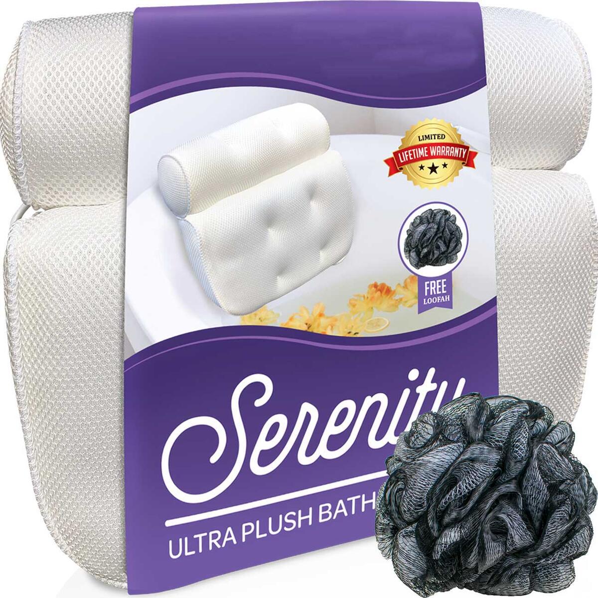 Serenity Bath Pillow and Loofah Sponge Set for Tub, Headrest, Bathtub, Spa, Back, Shoulder, Neck Luxury