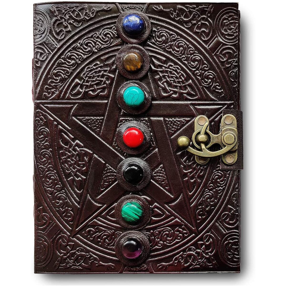 Leather Bound Journal - Vintage 7 Stone Journal with Lock - Book of Shadow by Rustic Town