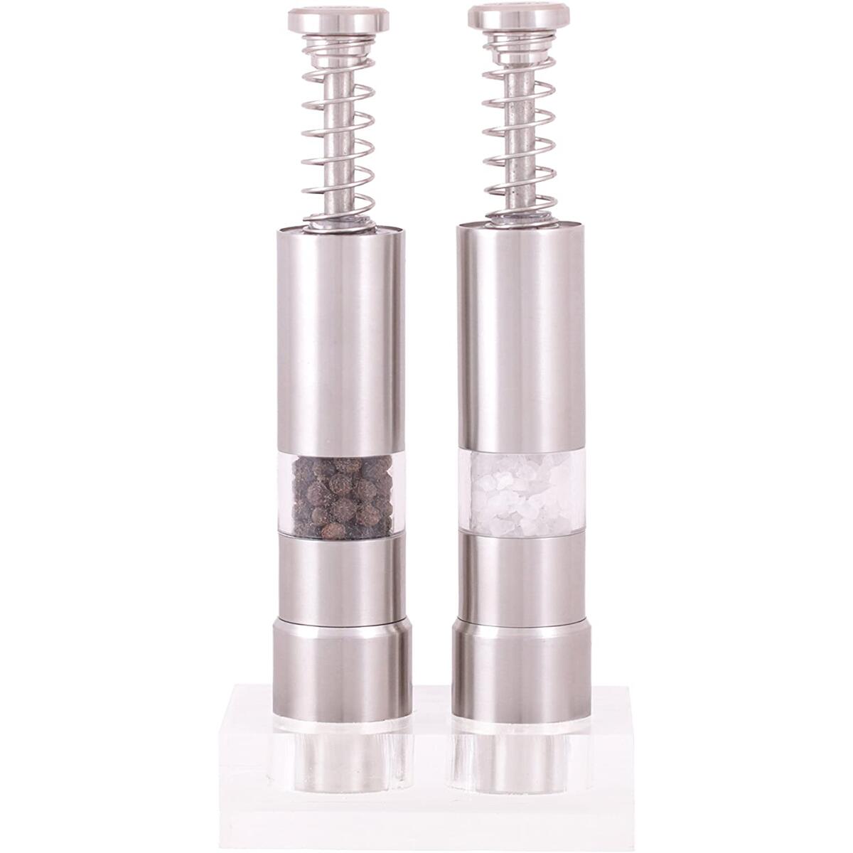 Eparé Steel Salt and Pepper Grinder Set- Premium Stainless Mills with Stand and Spice