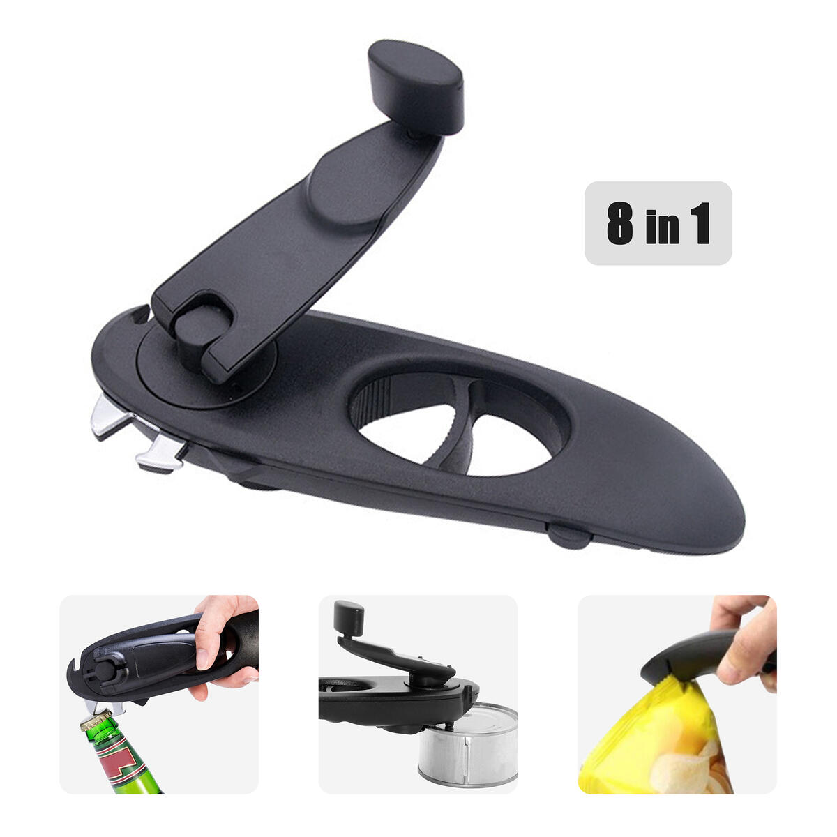 Multifunctional 8 in 1 Manual Can Opener,Ergonomic Bottle Opener with Rotary Handle,Latest Kitchen Tool Gadget Accessories,Smooth Edge/Ultra Sharp,for Seniors with Arthritis Hands,Home,Camping(Black)