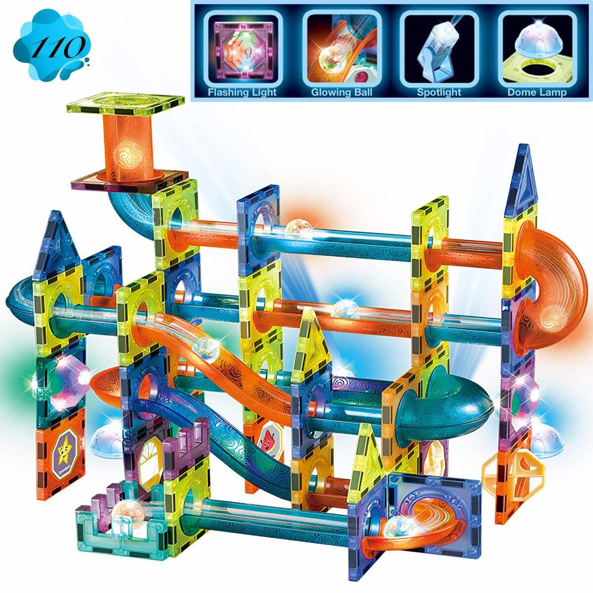 Glowing Magnetic Tiles Marble Run Building Blocks with Light