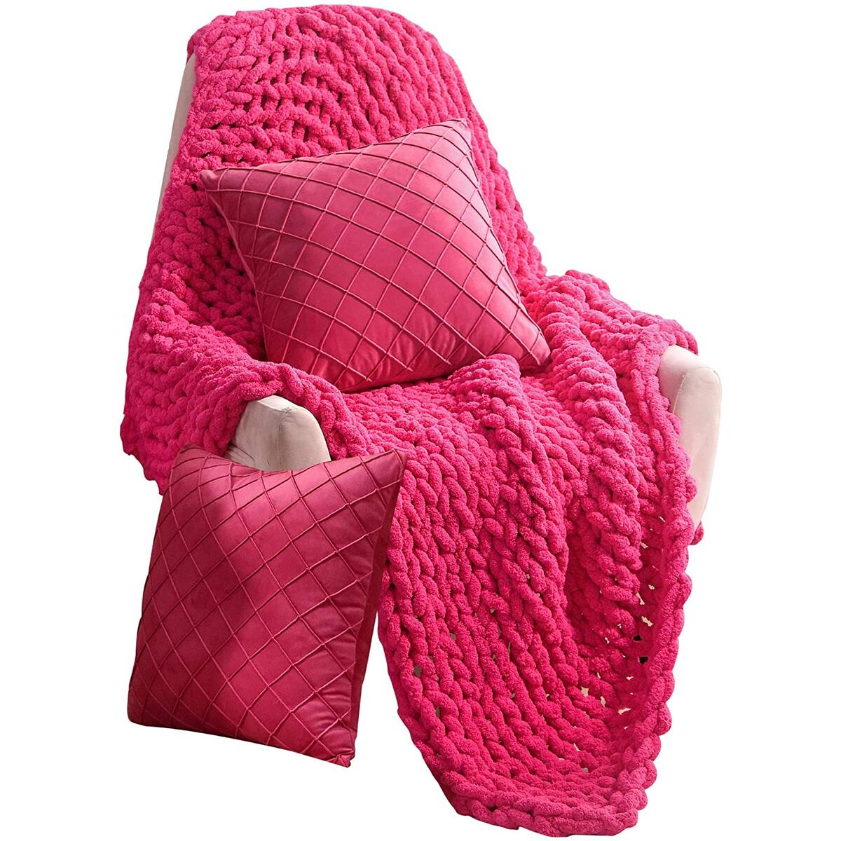 Life Tools Chunky Throw Blanket- Warm Knot Blanket for Sofa, Chair and Bed (50x60in) | Ultra-Soft Handmade Chunky Knit Throw Blanket with a Pair of Velvety Decorative Pillowcase(20x20in) (Fushcia Pink)