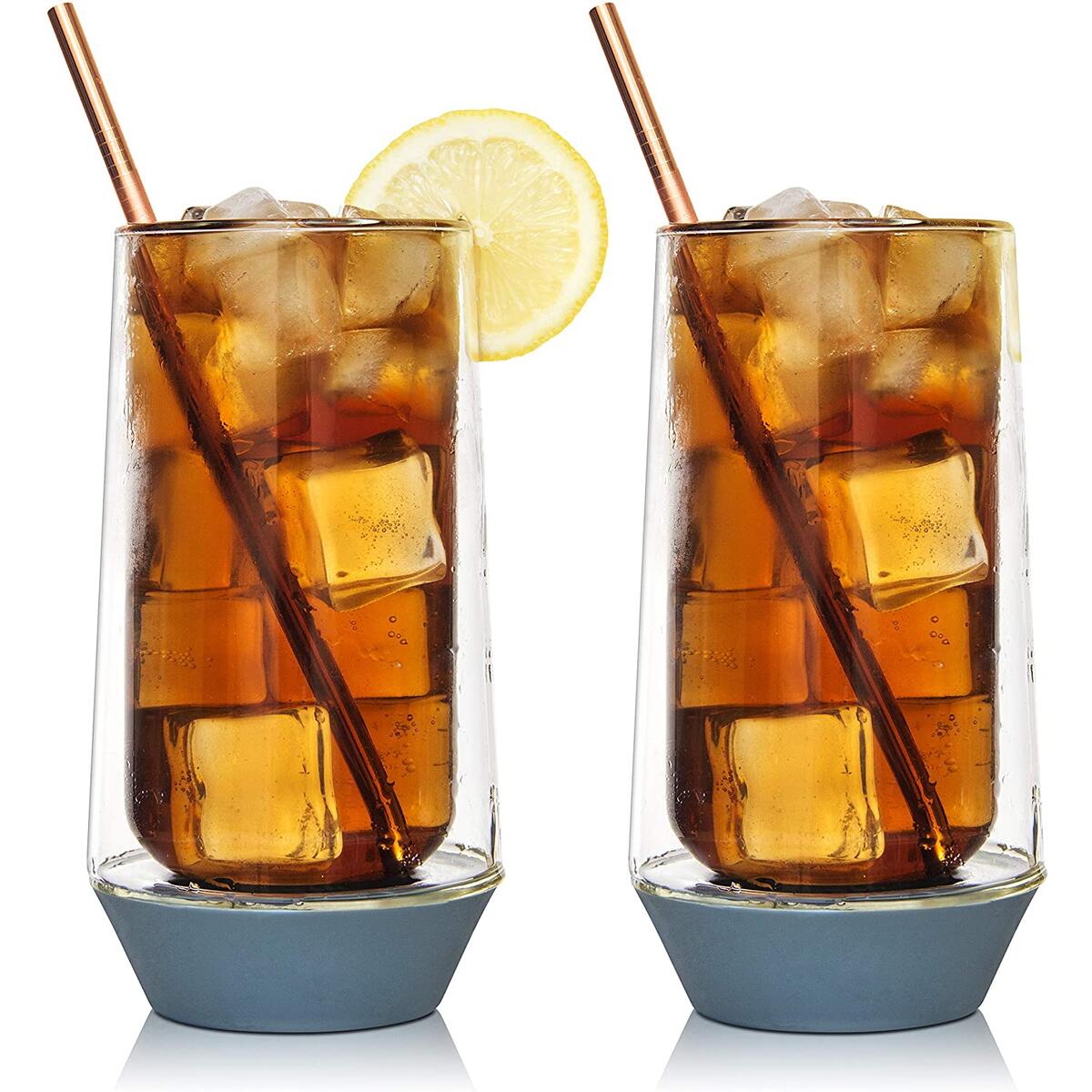 13 oz Glass Highball Cups - Set of 2 - Clear Long High Glasses - Cocktail Drinkware Glassware - Modern Base Tumbler for Tea Water or Drinks by Eparé