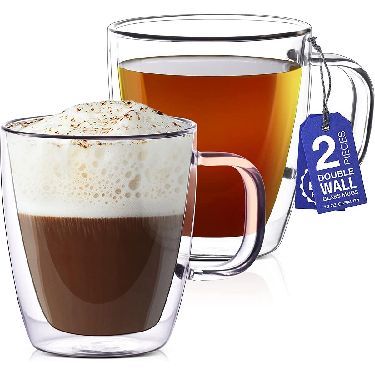 12 oz Glass Coffee Mugs - Set of 2 - Double Wall Clear Glasses - Insulated Glassware With Handle - Large Espresso Latte Cappuccino or Tea Cup by Eparé