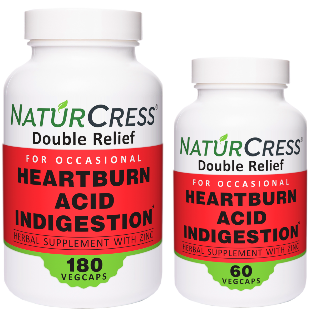 NaturCress Heartburn & Reflux Relief | Works 2-Ways | Fast Natural Control | Enjoy Trigger Foods | Sleep Better | 180 VegCaps