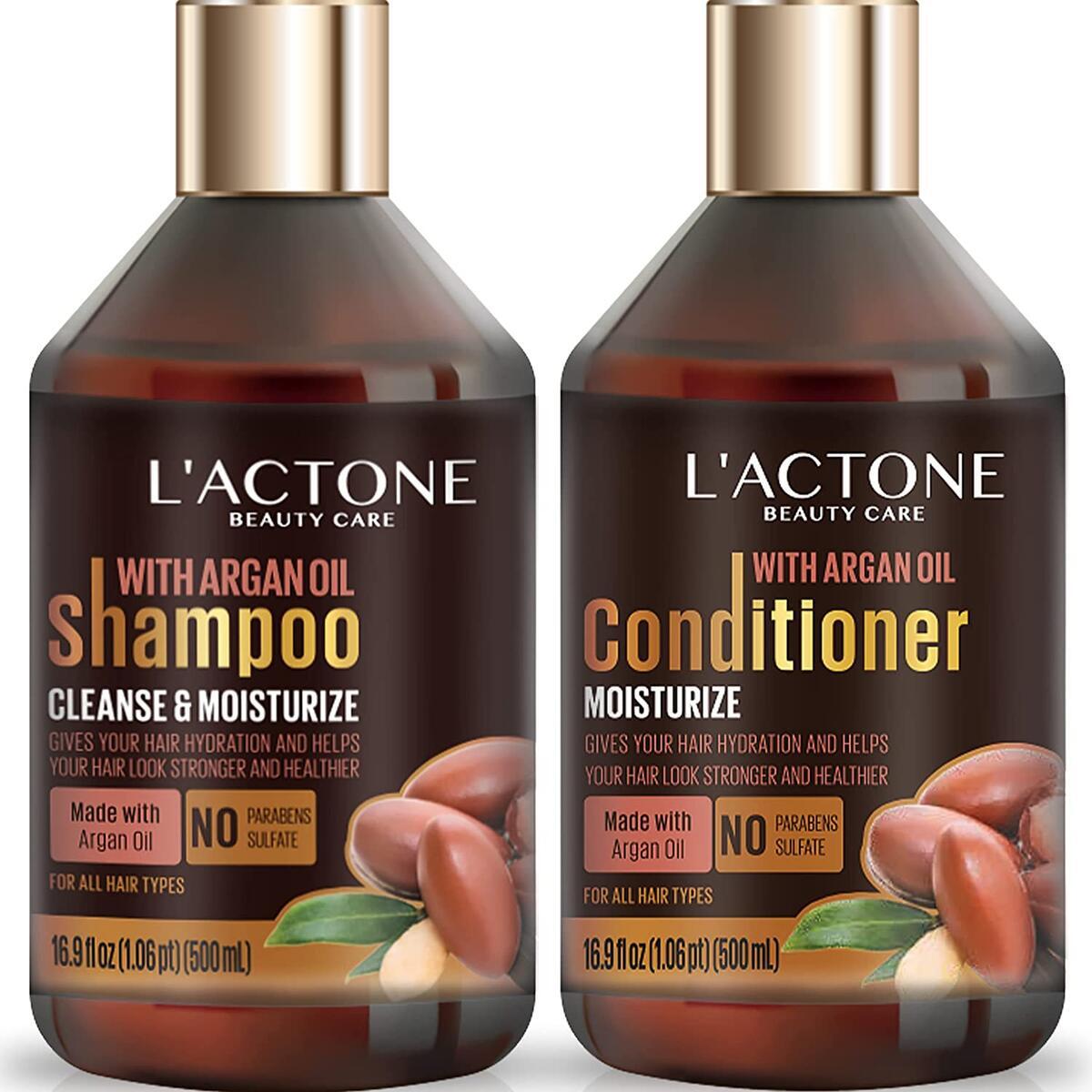 L'ACTONE Argan Oil Shampoo And Conditioner Set For Men Women With Vitamin E All Types Curly Thinning Color Treated Paraben Sulfate Free Hair Loss Dry Scalp Treatment Moisturizing Gift Set 2x16.9 Fl Oz