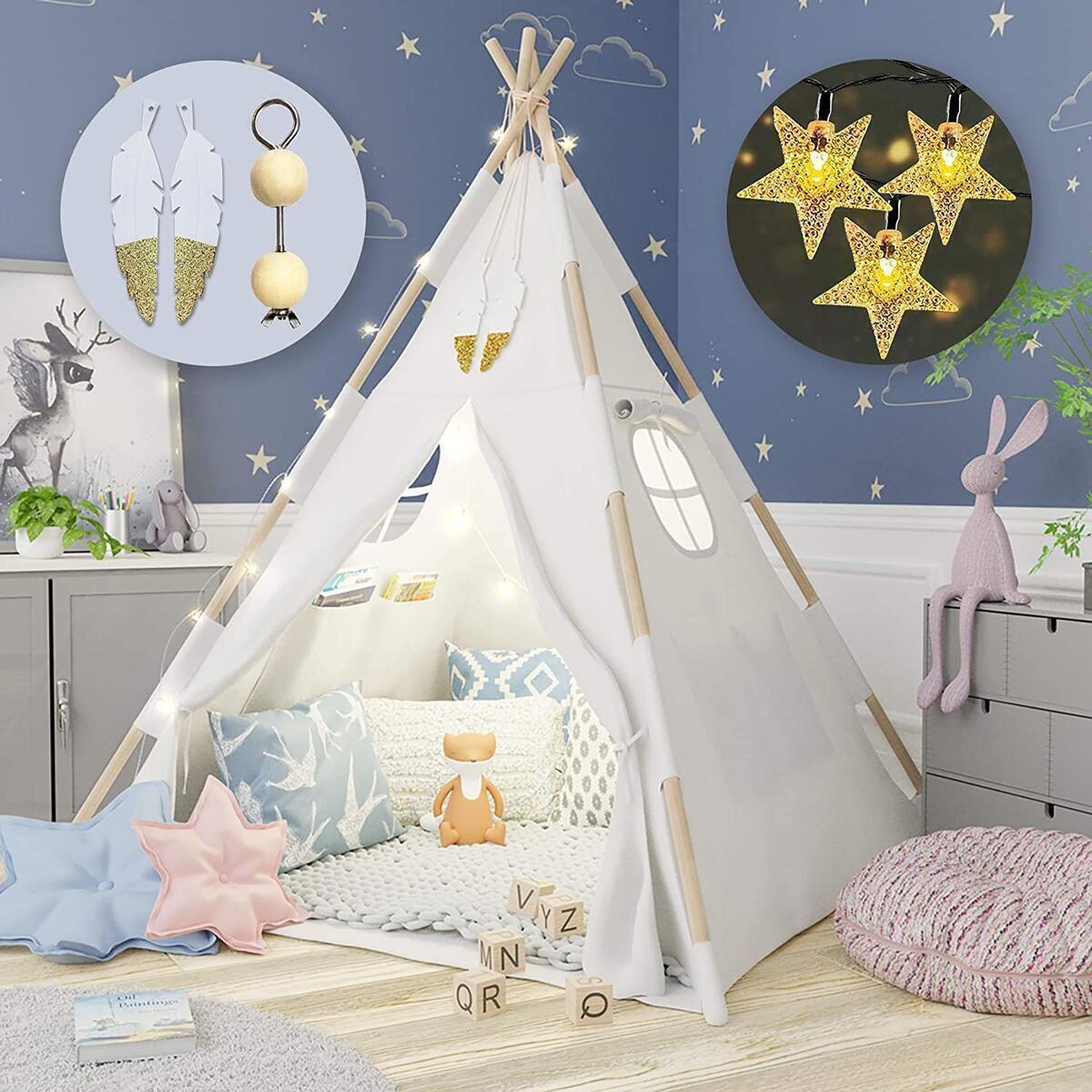 Tazztoys Kids Teepee Tent for Kids with Fairy Lights +Waterproof Base + Feathers - Quality & Safety Certified