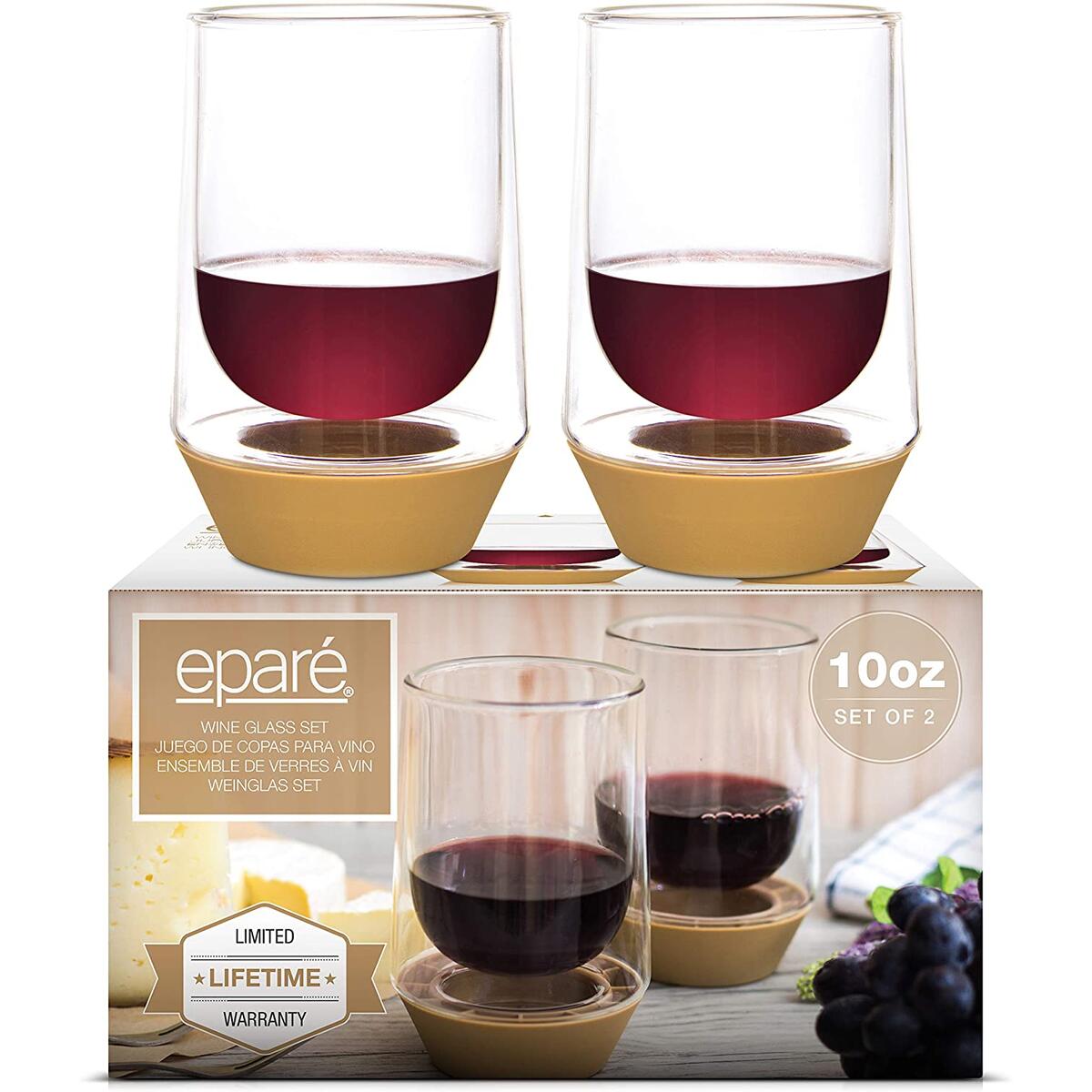Eparé Wine Glasses - Set of 2 - 10 oz Stemless Tumbler Cup - Stem Free Tumblers - Spill Preventing Glassware Cups - Thick Silicone Base