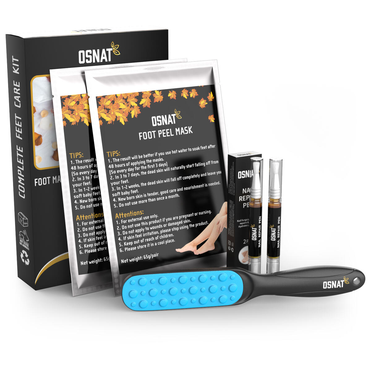 Foot Callus Remover + Nails Kit – 3-in-1 Pedicure Supplies Set Includes Foot Exfoliator Mask, 2 Nail Pens, and Feet File – All Natural Beauty Products Soften Skin and Fortify Toenails by OSNAT