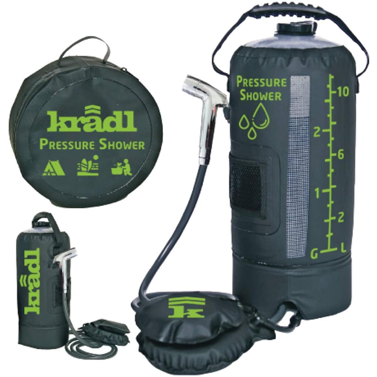 Kradl Pressure Shower - Portable Shower for Camping / 2.9 Gallon Solar Camping Shower Bag with Foot Pump and Sprayer/Solar Camp Shower Kit