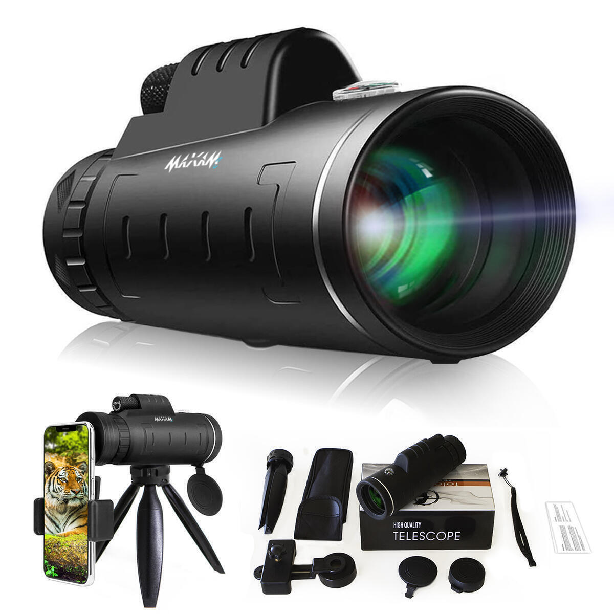 Monocular Telescope Powerful 16x52 HD | Low Night Vision, Waterproof, Shock Proof | FMC BAK4 Prism Optics | Smartphone Kit and Upgraded Tripod | for Travel, Bird Watching, Camping, Hunting