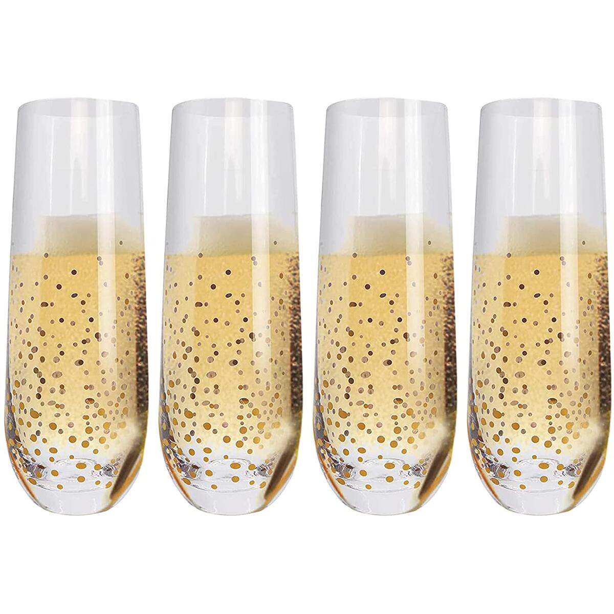 Luxh Stemless Champagne Flutes Glass - Mimosa Glasses for Wine, Prosecco, Cocktail, Sparkling Water, Drinking - With Round Gold Dot Design - Dishwasher-Safe, Durable Glassware - Set of 4, 9.4-ounce