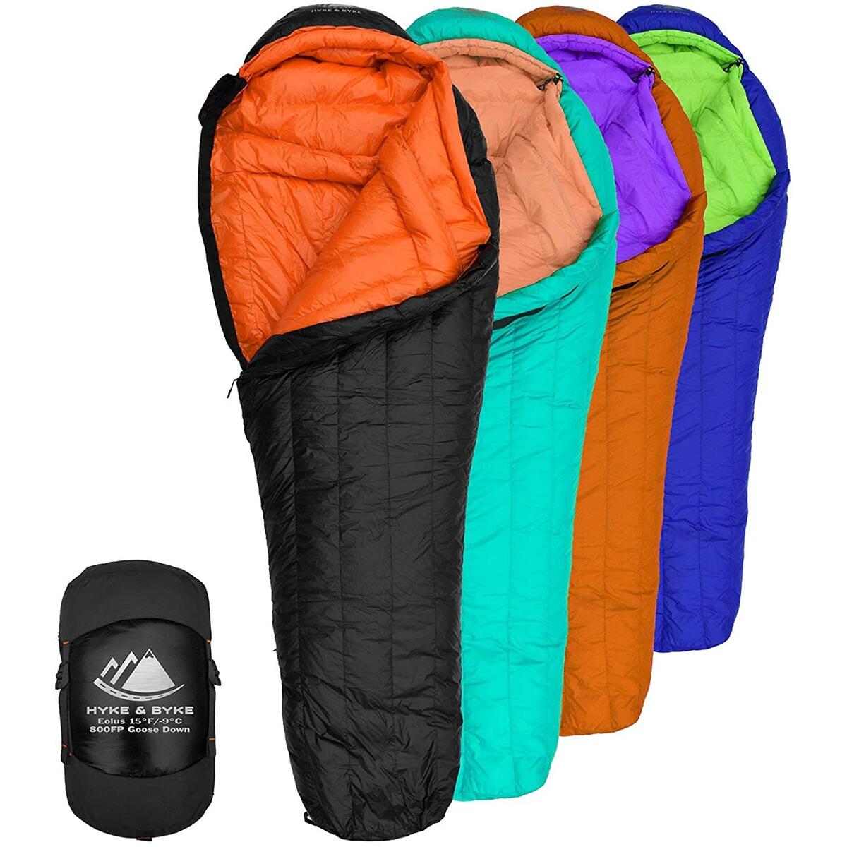 Hyke & Byke Eolus 15 & 30 Degree F 800 Fill Power Hydrophobic Goose Down Sleeping Bag with ClusterLoft Base - colour BLACK CLEMENTINE size SHORT ONLY