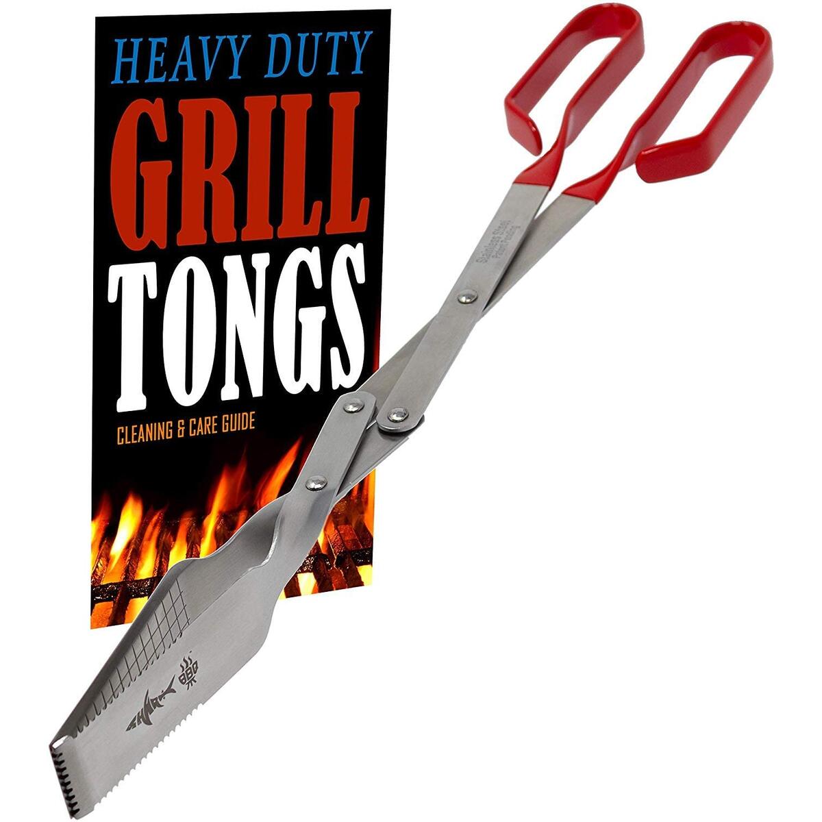 Grill Tongs - Extra Long Barbecue Grilling Tong w Red Handle - Long Stainless Steel BBQ Tool - Wide Grip Kitchen Tongs w Knife Edge