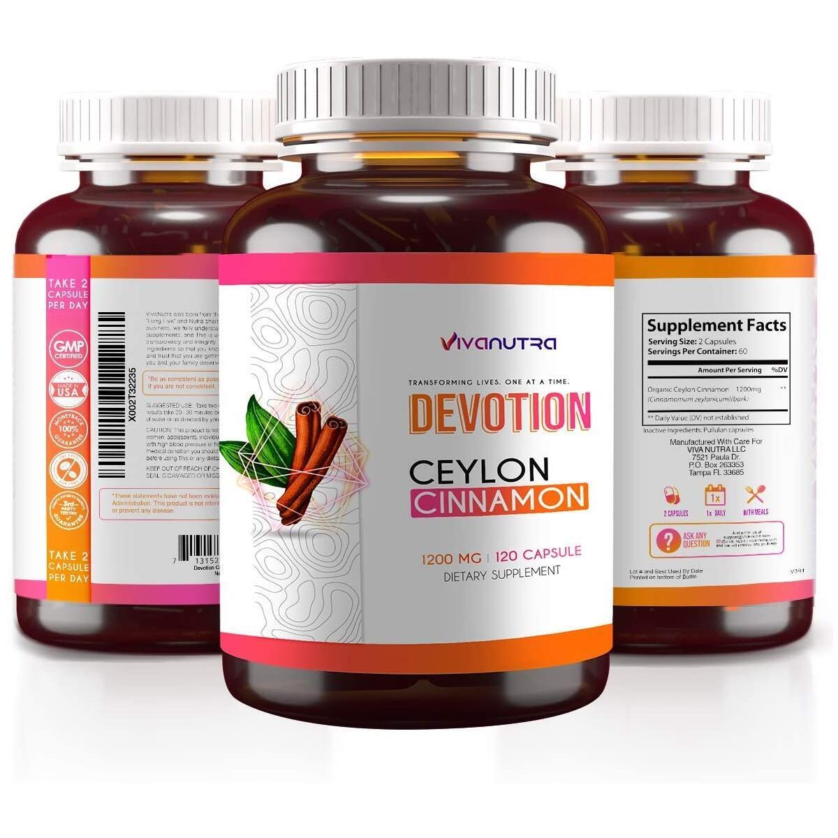 Devotion Ceylon Cinnamon - Made with Certified Organic Ceylon Cinnamon - True Ceylon Cinnamon Capsules - Sri Lanka Ceylon Cinnamon Supplements Powder Cinnamon Pills 1200 Mg Blood Sugar Levels Support