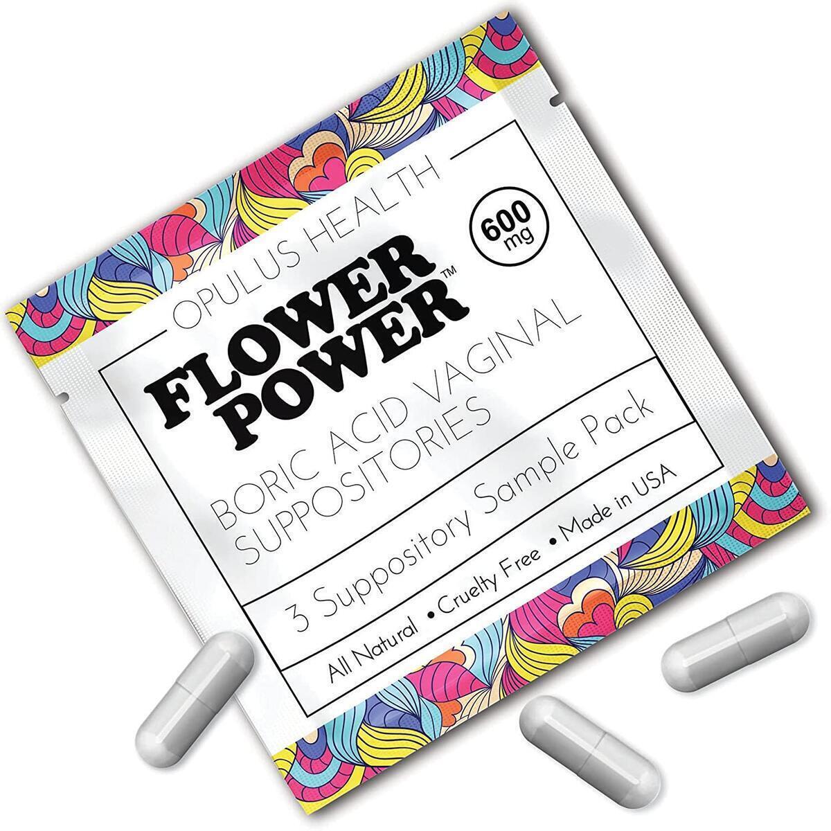 Flower Power Vegan Boric Acid Suppositories - 3 Suppositories - Sample/Travel Size - 600mg for Vaginal Odor and pH Balance - Made in USA