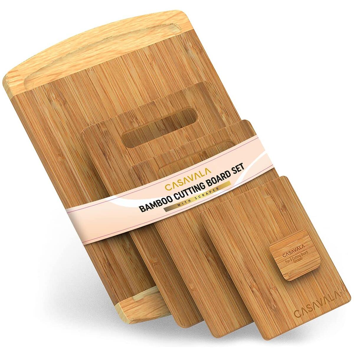 Bamboo Cutting Board [5 Piece Set] With A Bamboo Pan & Board Scraper