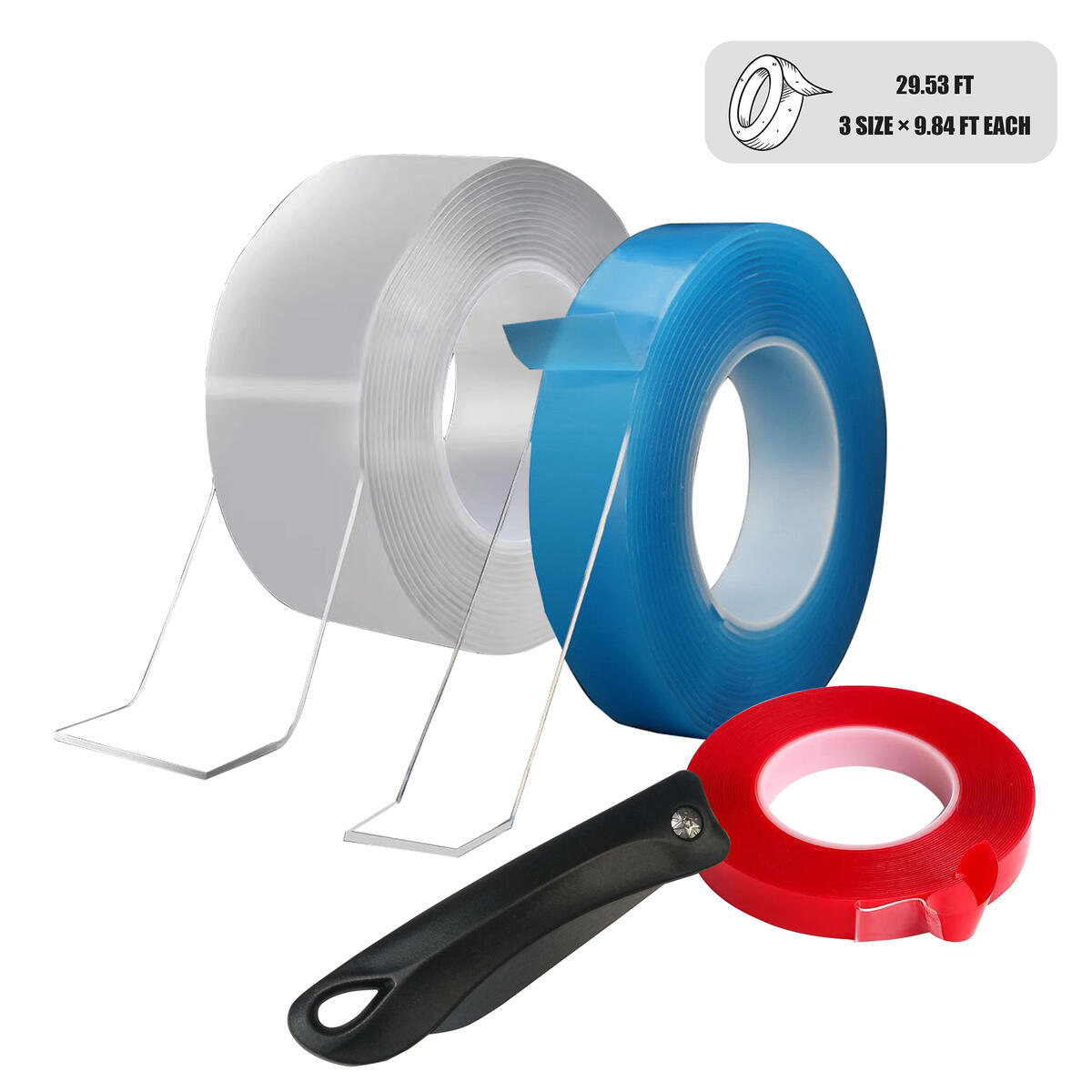 Nano Magic Double Sided Tape 4pcs Set-3 Size Heavy Duty Tapes and 1 Ceramic Folding Knife,Traceless,Reusable,Washable,Seamless,Transparent Removable Gel,Mounting Adhesive,Sticky Strips,Multipurpose