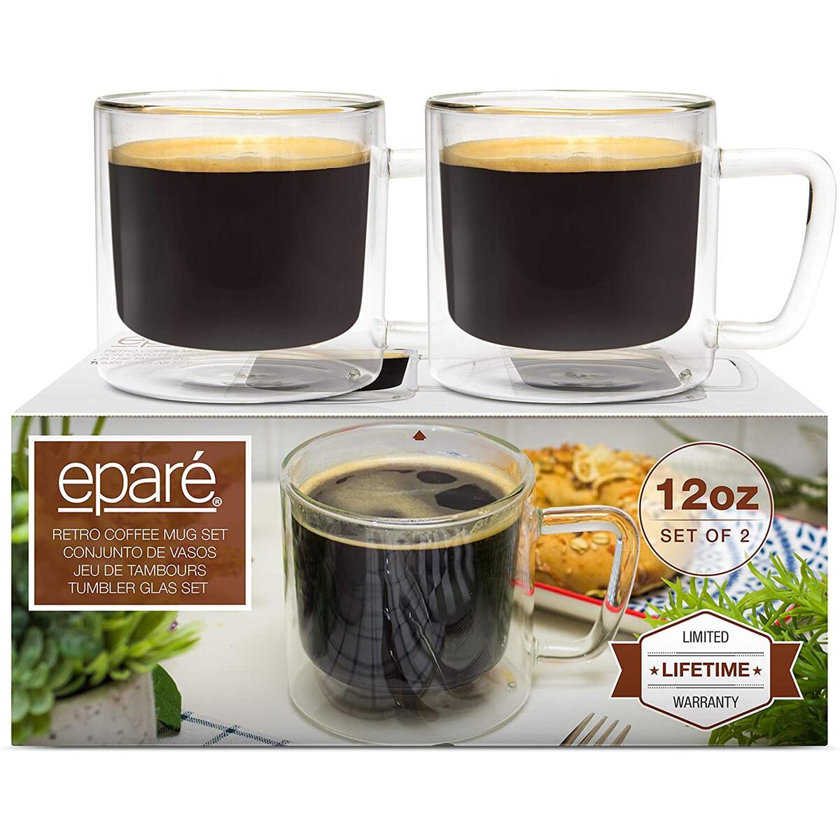 15 oz Glass Coffee Mugs - Set of 2 - Clear Double Wall Glasses - Insulated Glassware With Handle - Large Espresso Latte Cappuccino or Tea Cup by Eparé