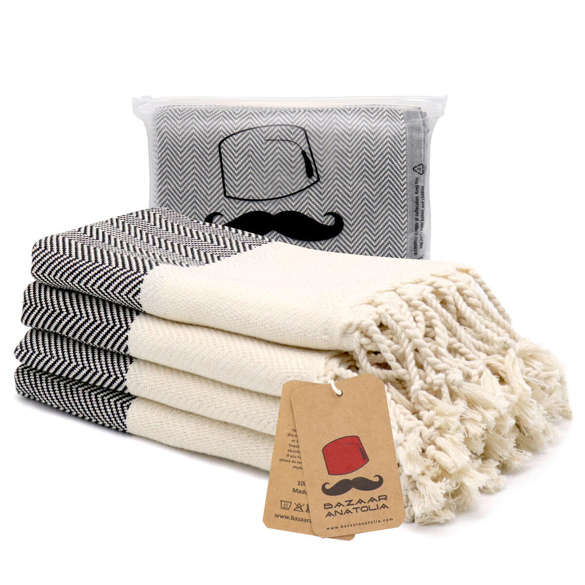 Set of 4 Hand Towel Herringbone Kitchen Bath Face Turkish Towel 45x20" (BLACK)