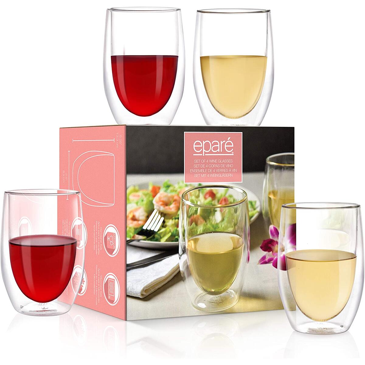 Wine Glasses - Set of 4 - 13 oz Tumbler Cup - Double Walled Glassware - Stemless Large Drinking Glass - Red & White Wine Tumblers by Eparé