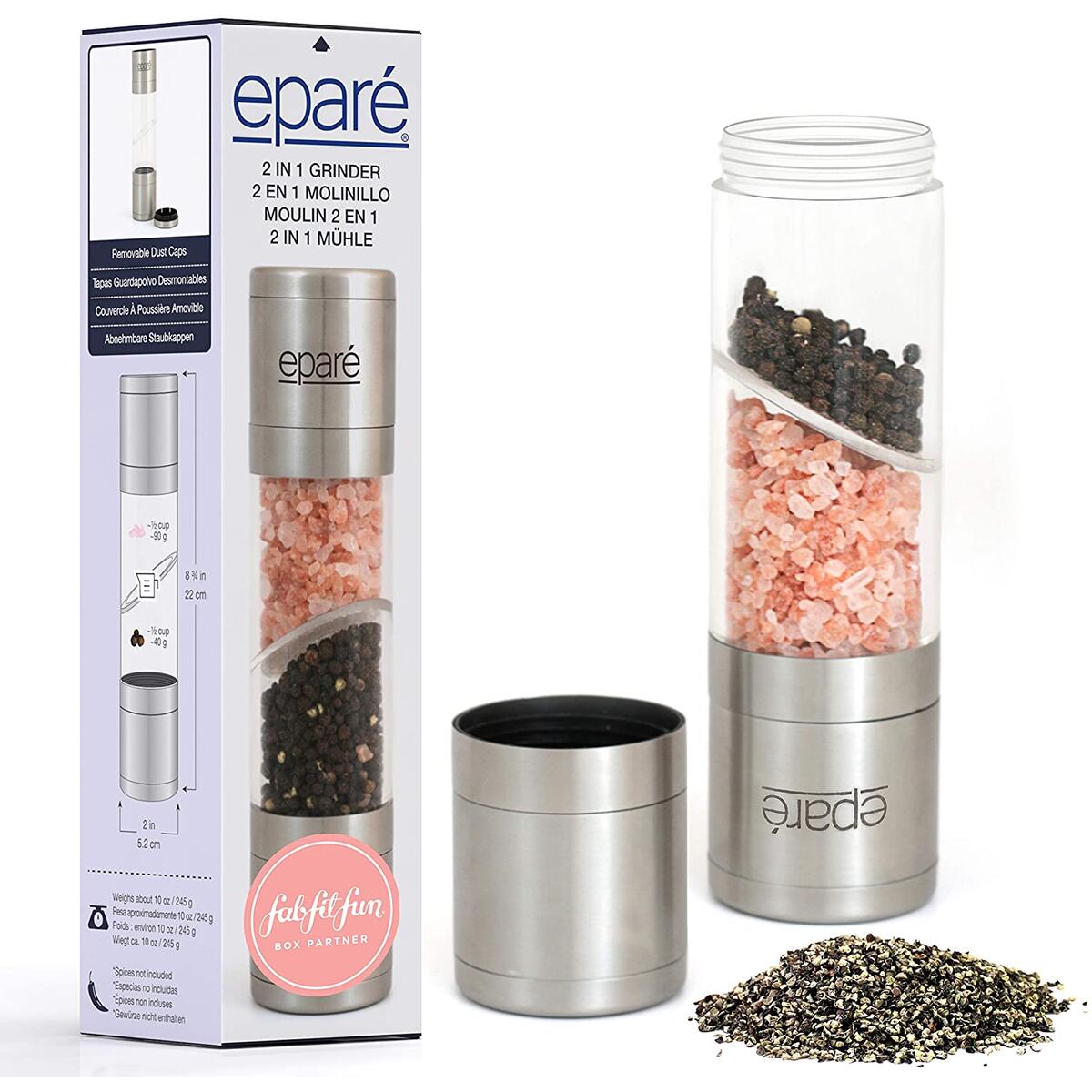 Dual Salt & Pepper Grinder - Manual Combo Mill Grinders - Space Saver 2 in 1 Shaker Mills Set - Stainless Steel Shakers & Combined Travel Case - Eparé