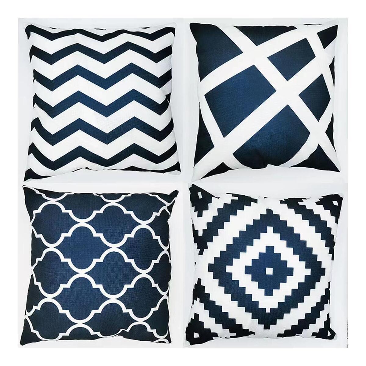 Set of 4 Decorative Navy Blue Pillow Covers, Outdoor Throw Pillow Covers Geometric Striped Cushion Cover for Sofa Couch Patio Home Decor 18 x 18 Inches