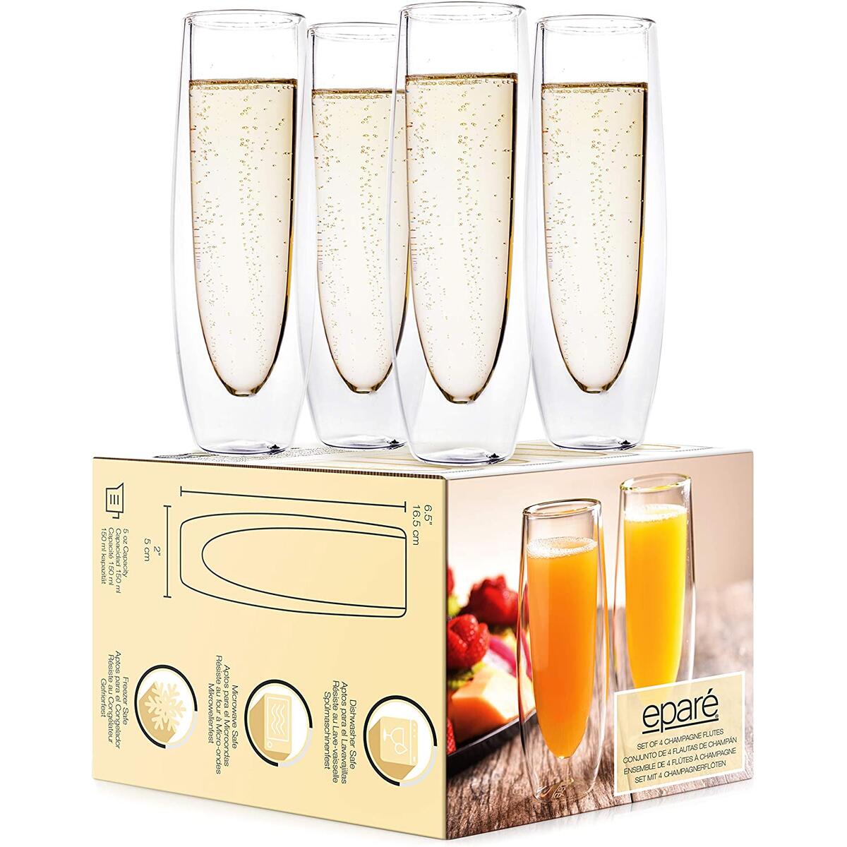 Glass Champagne Flutes - Set of 4 - Stemless Sparkling Wine Glasses - 5 oz - Mimosa Wine Flute For Weddings Bridesmaid Party and Bridal Showers -Eparé