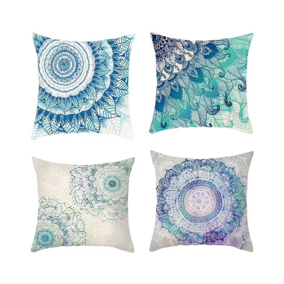 Set of 4 Throw Pillow Covers, Retro Floral Mandala Compass Medallion Bohemian Boho Style Cushion Case Summer Decor Cotton Linen for Sofa Couch Patio 18 x 18 Inches
