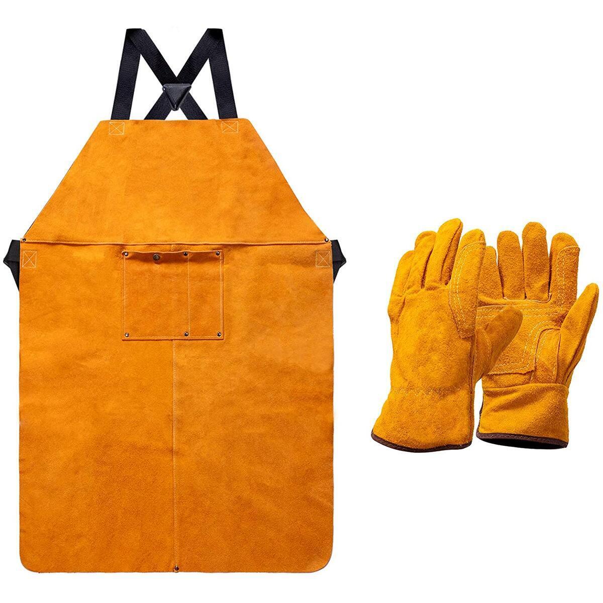 Heavy Duty Work Shop Leather Welding Apron with Welding Gloves Included, Safety Bib Apron with Tool Pockets, Cowhide Fire Heat Spark Resistant,Thermal Insulation Protection, Flame Retardant Protective Clothing Apparel, Adjustable for Men and Women, for Bl