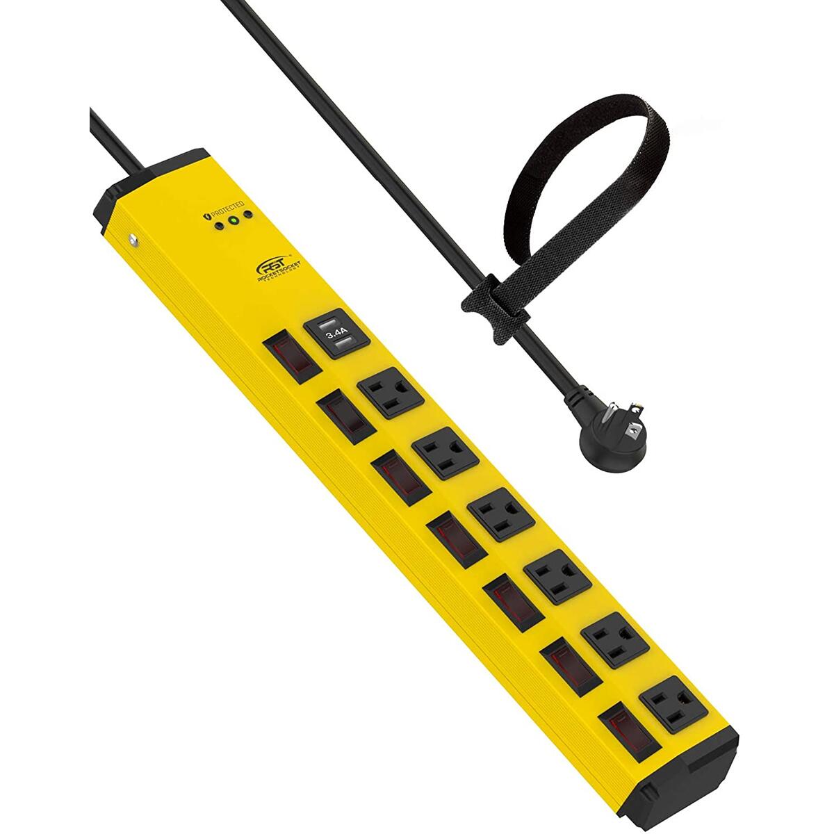 Heavy Duty Surge Protector Power Strip with USB 6-Outlet Individual Switches and Flat Plug