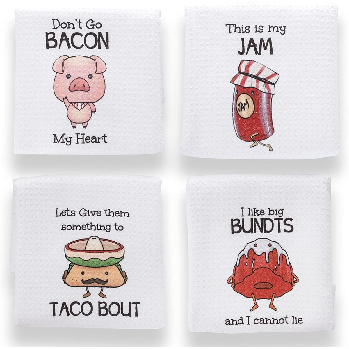 Aller Home&Kitchen Funny Kitchen Towels with Sayings. 4pc Kitchen Towel Set, Fun Pun Food Design incl Taco. Waffle Weave Towel, Decorative Funny Dish Towels for Mom. Cute Kitchen Towels for Gifts